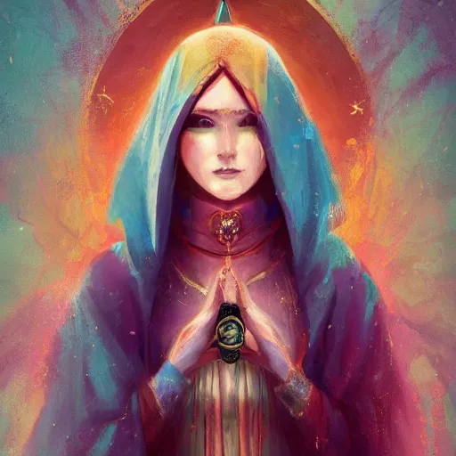 Image similar to ( a priestess with a hood that covers half her face carries an incense burner that emits a pleasantly colored flame. ) by anato finnstark, dream, full body portrait, dynamic lighting, beautiful, trending on artstation, wallpaper, 4 k, award winning, digital art, very detailed faces