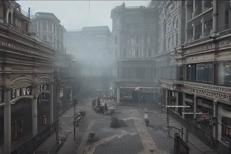 Prompt: a sniper sight aiming on a victorian shopping mall, cinematic lightning, ray tracing, unreal engine 5, photorealistic, 8 k, uhd, 4 k, fps game concept, extremely detailed, beautiful, elegant, intricate, foggy, in - game footage