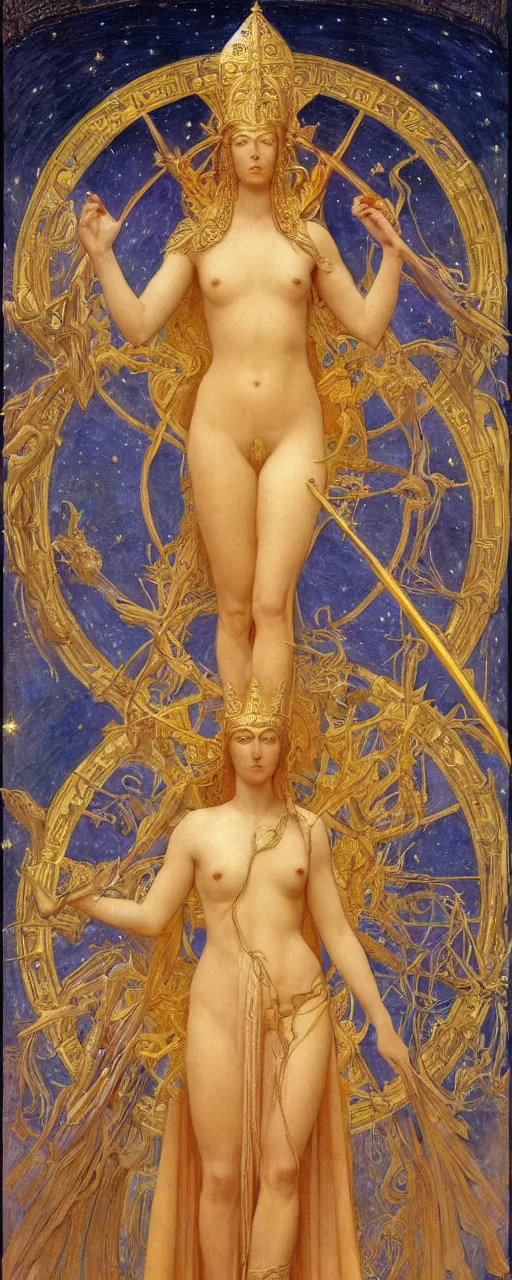 Image similar to saint woman, venus, athena, queen, by annie swynnerton and nicholas roerich and jean delville, strong dramatic cinematic lighting, ornate headdress, flowing robes, spines, flowers, stars, lost civilizations, smooth, sharp focus, extremely detailed, marble, obsidian, gold, space