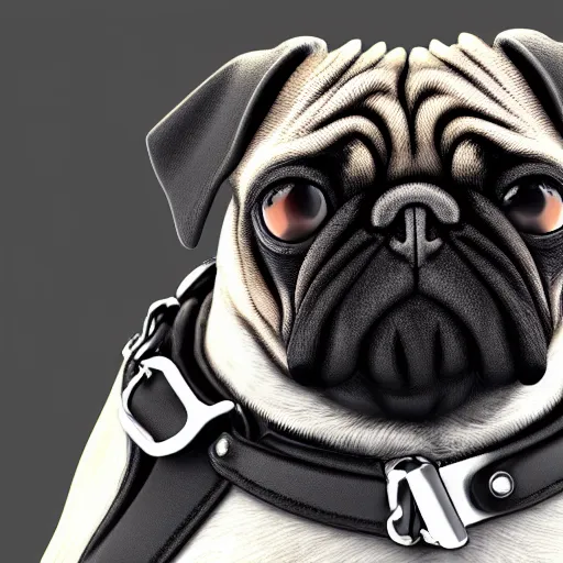 Image similar to 3 d rendered hyper realistic hyper detailed pug wearing a shiny leather gimp mask with zippers, octane render, blender, 8 k