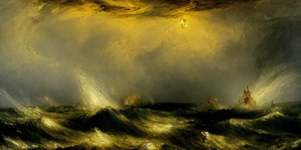 Prompt: A painting of a ship at sea, in a storm, by J.M.W. Turner