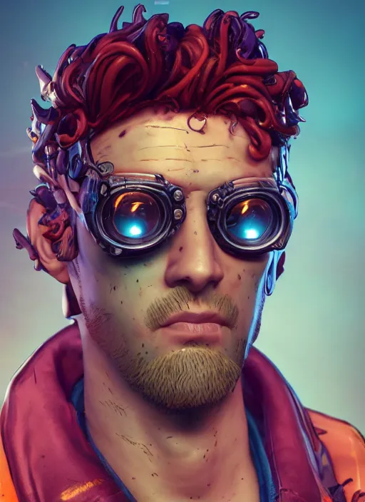 Image similar to retrowave portrait of curly orange hair man from borderlands 3, au naturel, hyper detailed, digital art, trending in artstation, cinematic lighting, studio quality, smooth render, unreal engine 5 rendered, octane rendered, art style by klimt and nixeu and ian sprigger and wlop and krenz cushart.