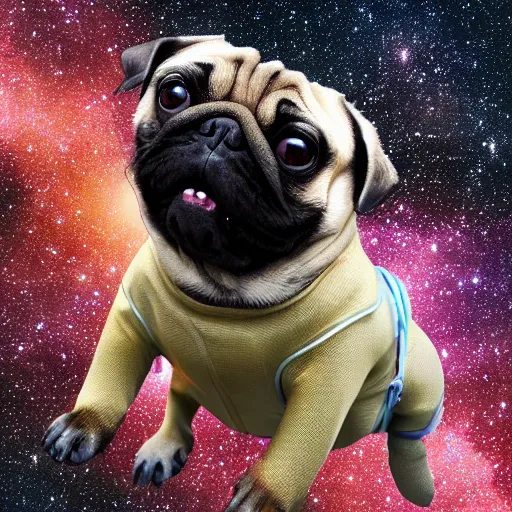 Prompt: A pug in a spacesuit floating through space. Photorealistic.