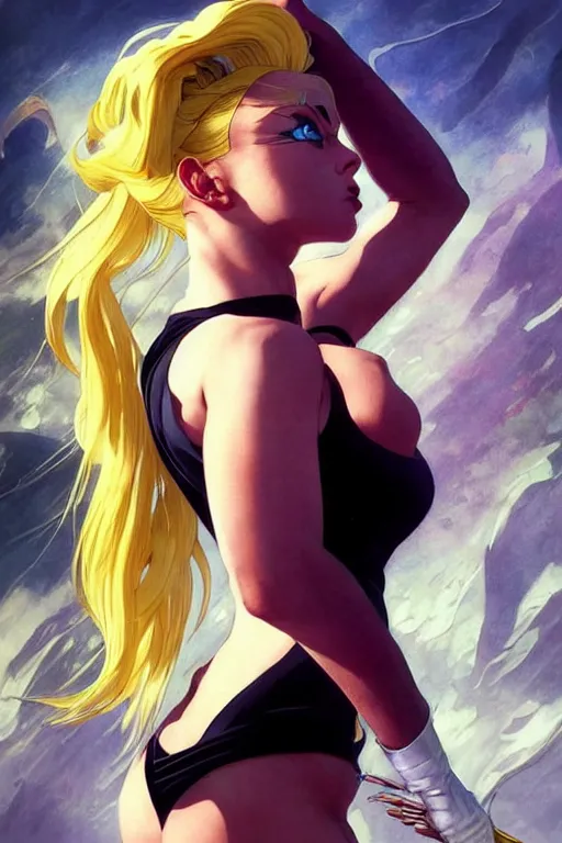 Image similar to gta blonde sailor moon normani as aeon flux profile picture by greg rutkowski, dynamic pose, intricate, futuristic, fantasy, elegant, by stanley artgerm lau, greg rutkowski, thomas kindkade, alphonse mucha, loish, norman rockwell, fantasy lut, asymmetric, long hair, retro computer graphics, video game, fluid lines,