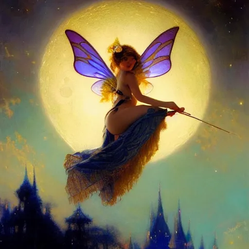 Image similar to attractive fairy magically floating high in the night, fantasy, full moon in background. highly detailed painting by gaston bussiere, craig mullins, j. c. leyendecker, sharp focus, 8 k