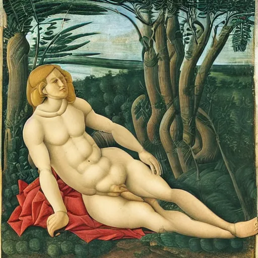 Image similar to portrait of benjamin netanyahu lying elegantly in nature, leaves as clothes, by sandro botticelli