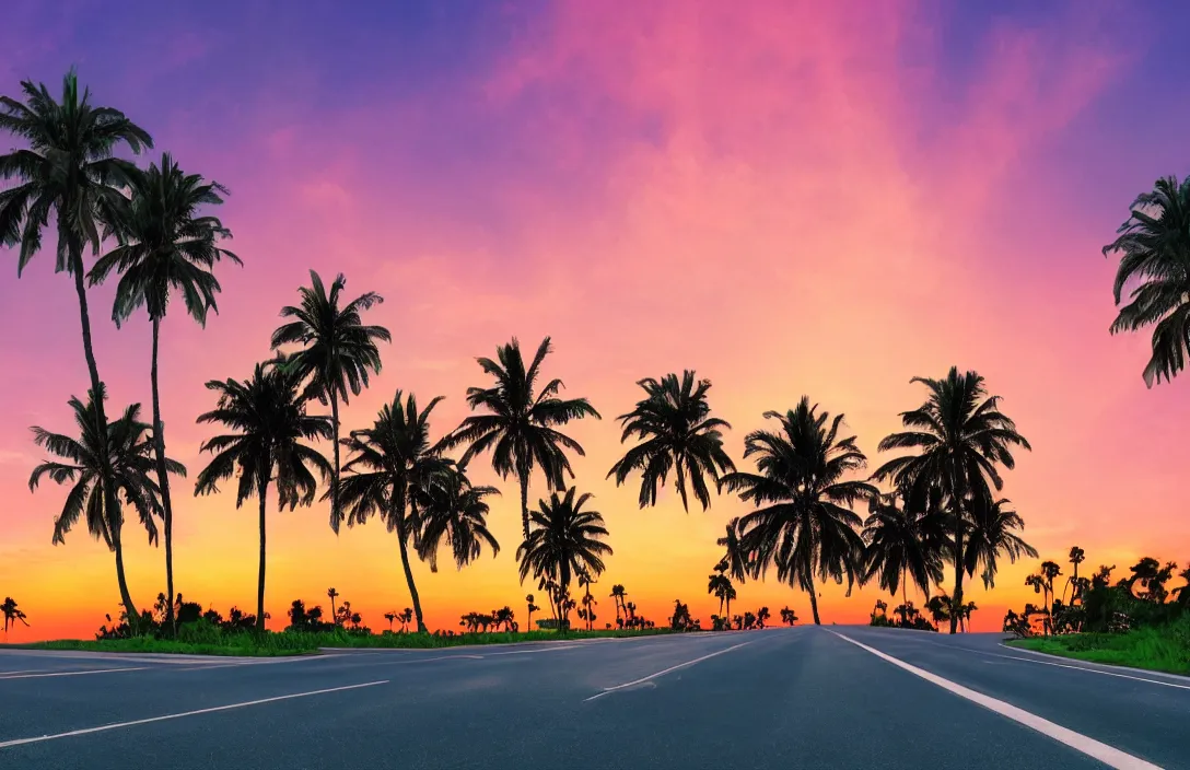 Prompt: a vaporwave landscape with palm trees at the sides of an highway, the sun setting in the background, orange and purple tones, high definition, 8 k, lo - fi, aesthetic