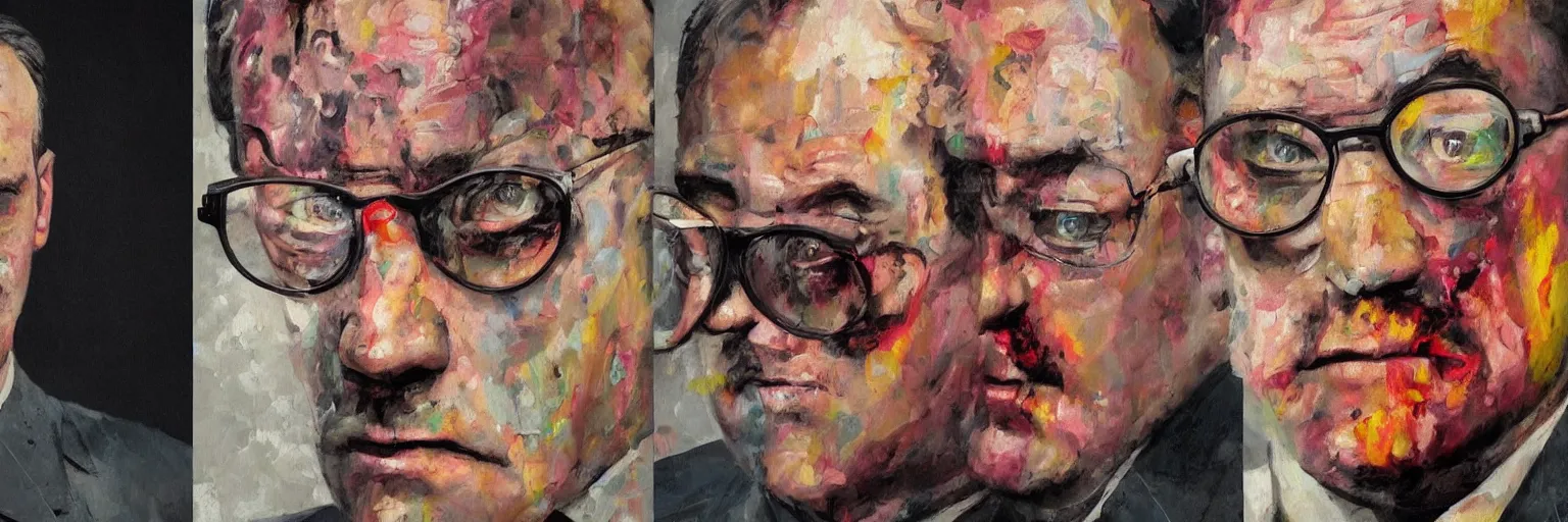 Prompt: colorful oil painting of character faces, realistic mike patton turning into hitler, melting, glasses, disturbed, angry, character sheet, fine details, concept design, contrast, kim jung gi, greg rutkowski and da vinci, 8 k, emotional, face turnaround 3 6 0, front view, back view, side view, ultra wide angle