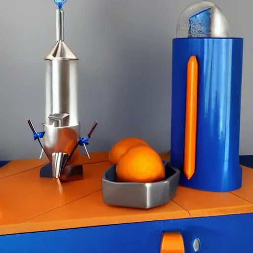 Image similar to blue goldberg machine containing a rocket and an orange