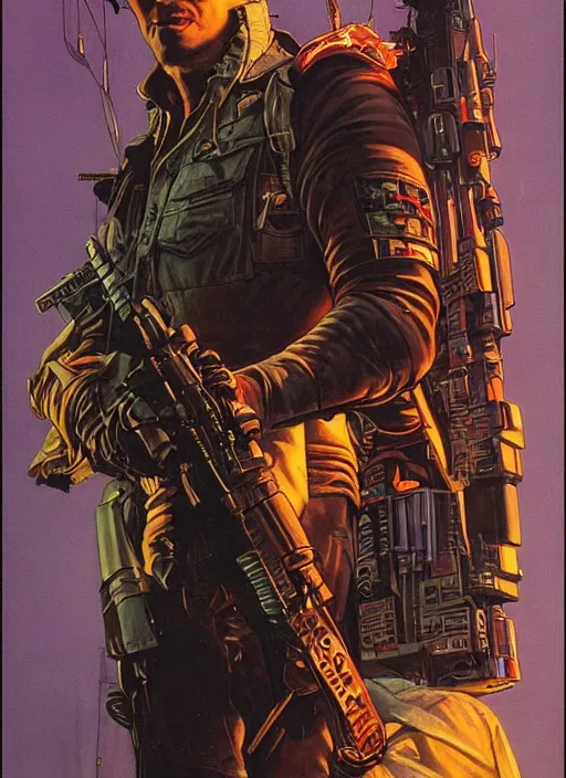 Prompt: cyberpunk mercenary. portrait by clyde caldwell and jean giraud and anton otto fischer and john philip falter and will eisner and gil elvgren