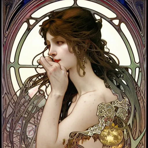 Prompt: realistic detailed face portrait of a Lilith by Alphonse Mucha, Ayami Kojima, Amano, Karol Bak, Greg Hildebrandt, and Mark Brooks, Art Nouveau, Neo-Gothic, gothic, rich deep colors