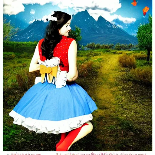 Image similar to giant alice in wonderland, pin up, houses, trees, mountains, woman, city, digital art, photo, blue dress, photoshop, flowers, collage, river