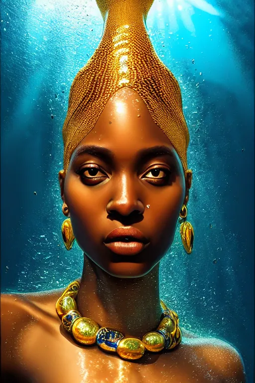 Image similar to hyperrealistic precisionist cinematic half underwater scene very expressive! translucent elegant african goddess full body, gold jewerly, highly detailed face, digital art masterpiece, aykut aydogdu eric zener, dramatic volumetric light, long shot, low angle uhd 8 k, sharp focus