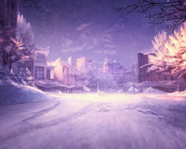 Image similar to scenery artwork, scene beautiful, light!! light essential cozy winter snow world snowy, surrealism oil on canvas, artstation!! pixiv!! dream scenery, quality astral projection render, nier automata concept art, vaporwave textures