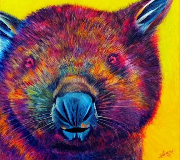 Prompt: a bright colourful painting of a wombat relaxing