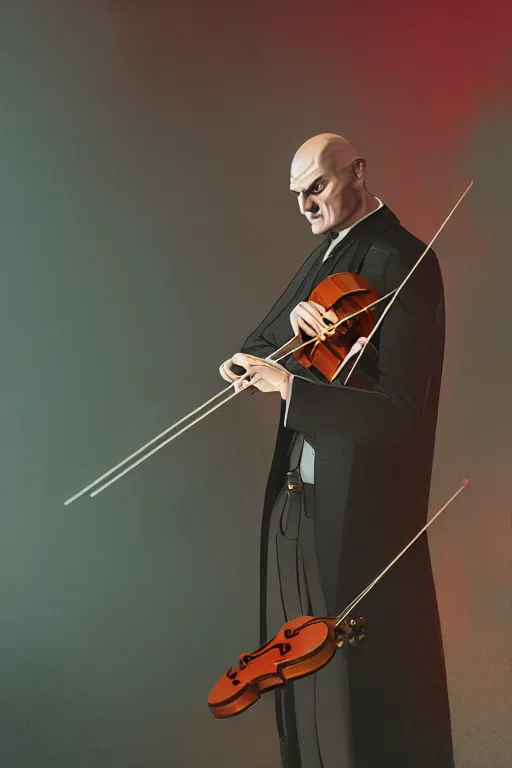 Prompt: an expressive portrait of agent 4 7 playing the violin in a monastery, dark background, red rim light, digital art, artstation, concept art by giger stalenhag