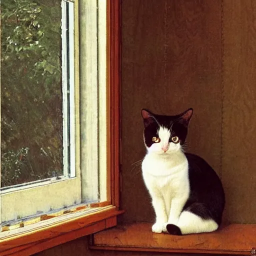 Image similar to A very content calico cat sitting on a wooden table looking out a window, artist is Norman Rockwell,
