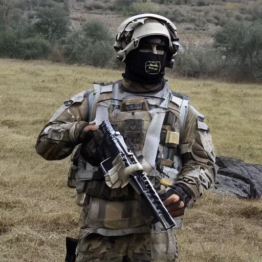 Image similar to a sheep in special forces gear, plate carrier, m 4 rifle, combat helmet