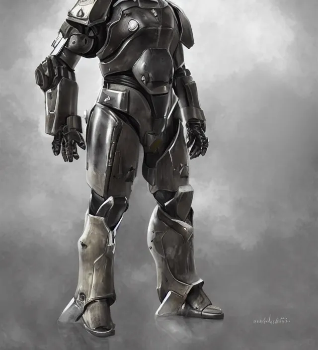 Prompt: a 3 / 4 view of a mercenary wearing powered armor in the style of fallout power - armor and bubblegum crisis powersuit trending on artstation deviantart pinterest hyper detailed photorealistic hd 8 k post - processing high resolution