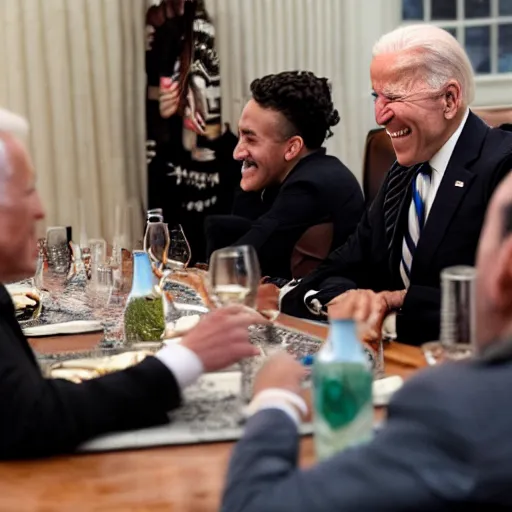 Image similar to 4 k hdr portrait wide angle photo of president joe biden laughing at a dinner table meeting surrounded by taliban terrorist leaders