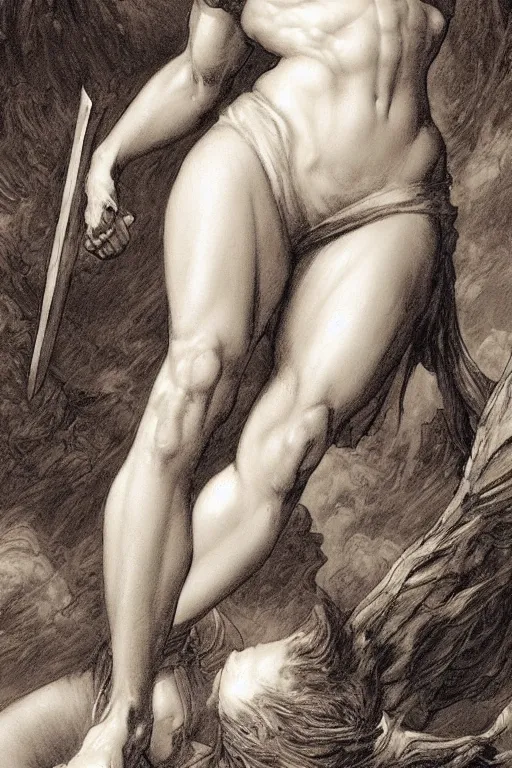 Prompt: emma watson muscular heroine with thick thighs and large breasts, standing over a fallen foe, with her foot on his chest - in the style of greg rutkowski, by Gustave Doré, by Marco Turini, by Artgerm, Deviantart in the style of Tom Bagshaw, Cedric Peyravernay, Peter Mohrbacher by William-Adolphe Bouguereau,