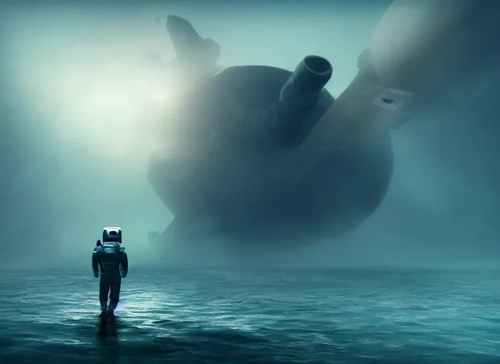 Image similar to astronaut holding a flag in an underwater desert. a submarine is visible in the distance. dark, concept art, cinematic, dramatic, atmospheric, 8 k, trending on artstation, blue, fish, low visibility, fog, ocean floor, christopher nolan, interstellar