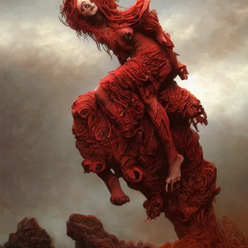 Image similar to a masterpiece! photographic portrait of a scarlet - colored beast with seven ( 7 ) heads and ten ( 1 0 ) horns by gustave dore and stephen hickman and allen williams, trending on artstation, cgsociety, 8 k hd, earthtone colors, a cloaked woman riding the back of the beast