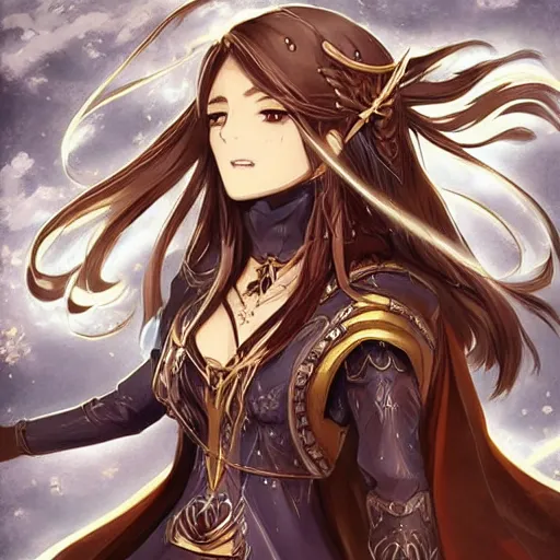 Image similar to “A detailed gorgeous beautiful anime woman with brown flowing hair, sorcerer , long blue cape, decorative leather armor, excellent detail, surrounded by a catacomb of books, high quality, Full-body character portrait, in the style of rossdraws, trending on artstation, hyper detailed, official art”