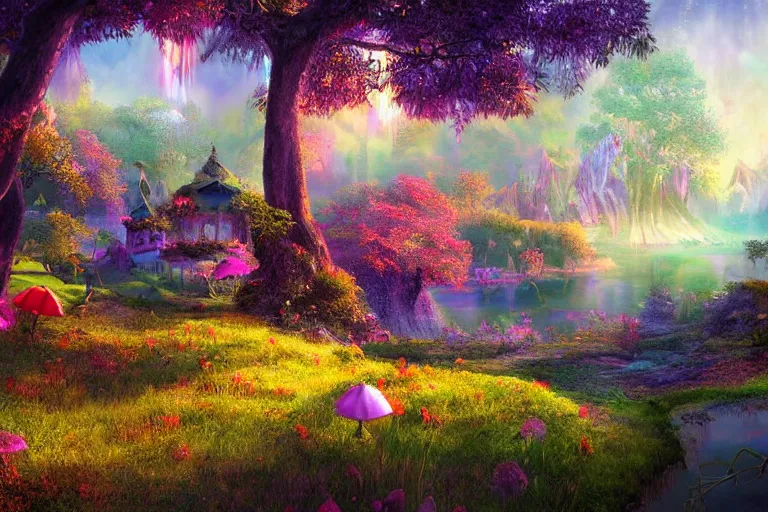 Image similar to Landscape of a beautiful enchanted fantasy world. Colorful. Cinematic lighting. Photorealism.
