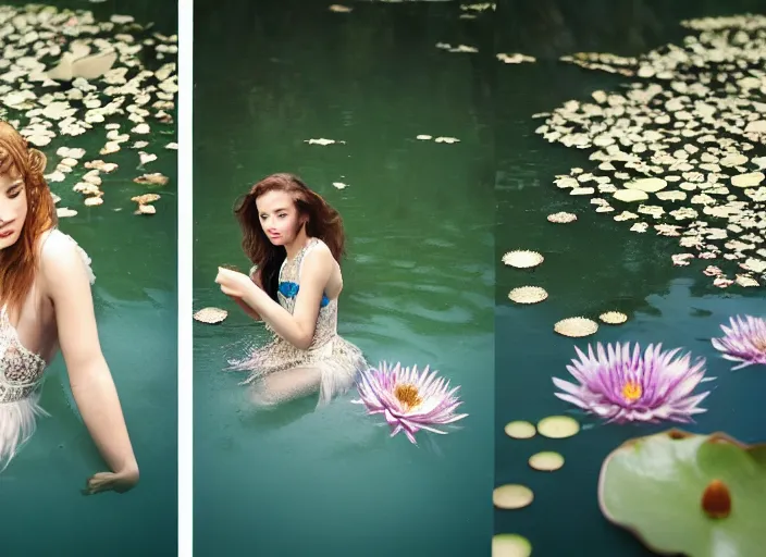 Image similar to Kodak Portra 400, 8K, soft light, volumetric lighting, highly detailed, britt marling style 3/4, photo close-up portrait of extreme beautiful girl floating in water surrounded by lily pads, half face in the water, a beautiful lace dress and hair are intricate with highly detailed realistic beautiful flowers , Realistic, Refined, Highly Detailed, natural outdoor soft pastel lighting colors scheme, outdoor fine art photography, Hyper realistic, photo realistic