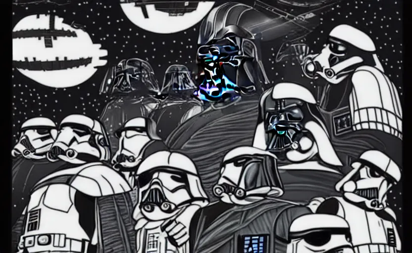 Prompt: darth vader on the death star surrounded by storm troopers and tie fighters, in the style of studio ghibli