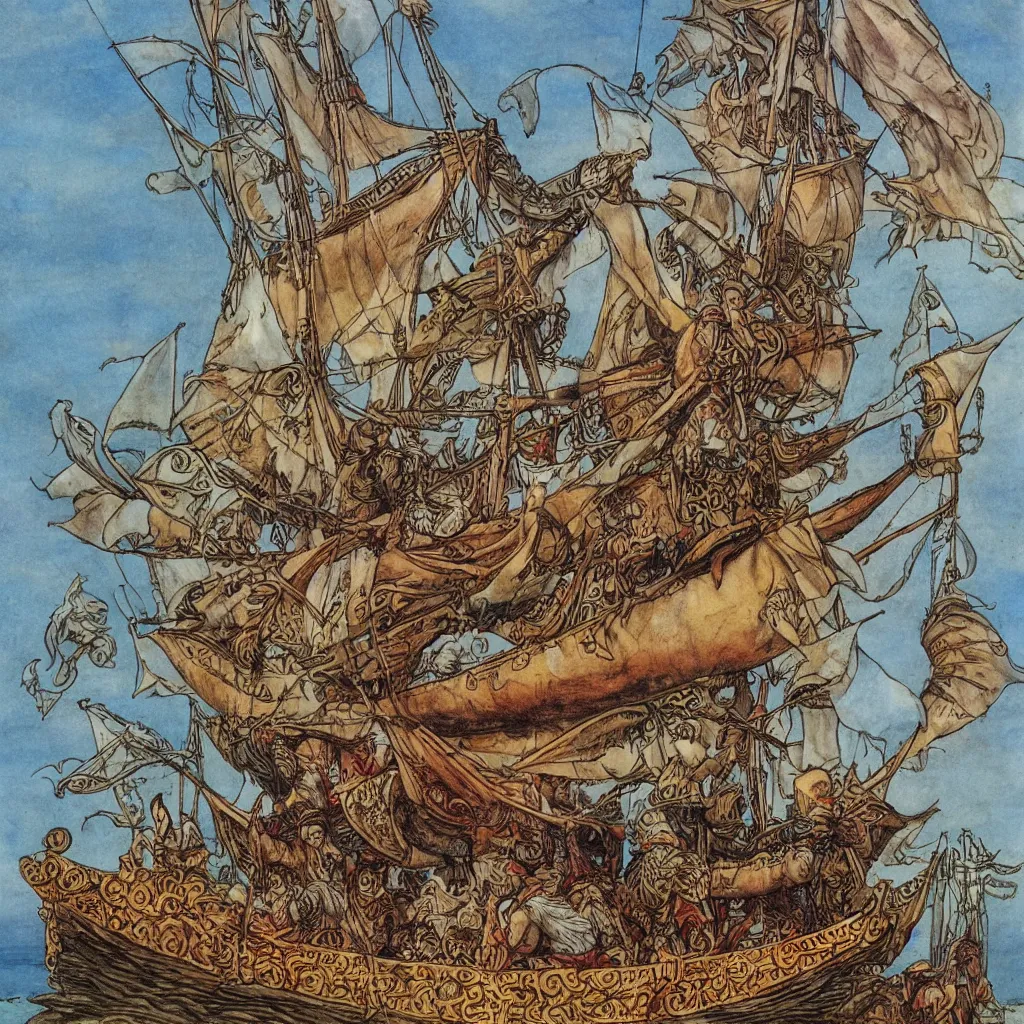 Prompt: viking ship sailing away, by maria sibylla merian, tony diterlizzi and brian froud