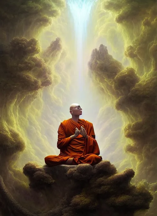 Prompt: a monk meditating, in the style of tomasz alen kopera and fenghua zhong and peter mohrbacher, mystical colors, rim light, beautiful lighting, 8 k, stunning scene, raytracing, octane, trending on artstation