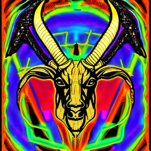 Prompt: baphomet goat head merged with mainframe circuitry, multicolored digital art