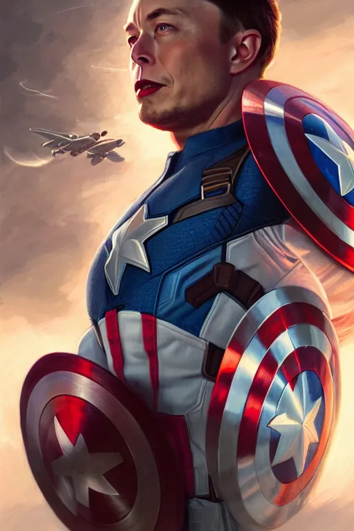 Image similar to elon musk as captain america, portrait, highly detailed, digital painting, artstation, concept art, smooth, sharp focus, illustration, cinematic lighting, art by artgerm and greg rutkowski and alphonse mucha