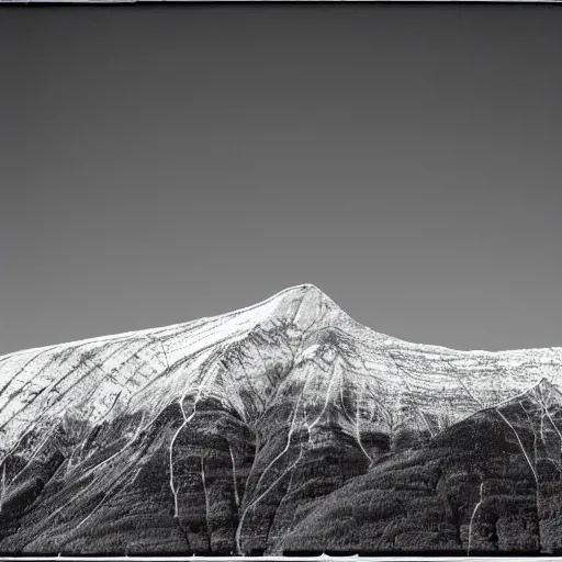 Prompt: a centrally peaked mountain in the style of ansel adams with a large black sphere on top, black and white large format photography