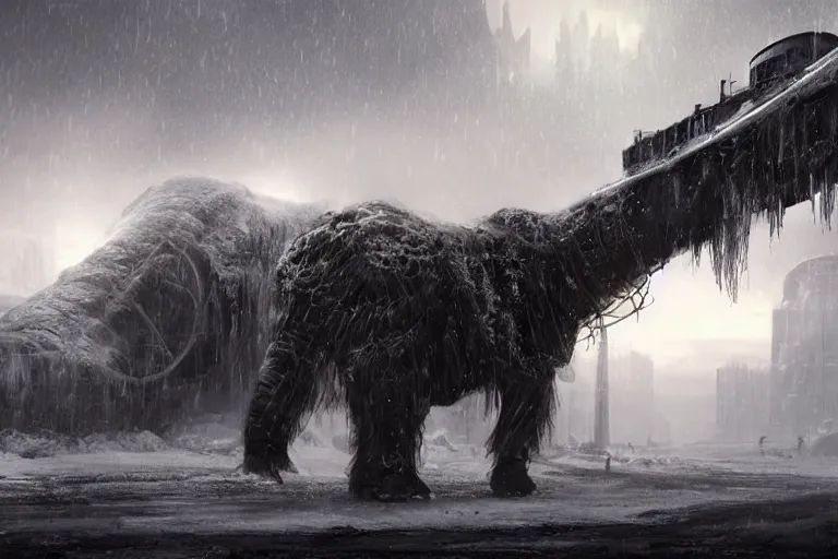 Image similar to a grand intricate futuristic black steam train next to a giant mammoth, post - apocalyptic ice landscape in snowstorm, concept art, artstation, highly detailed, digital art