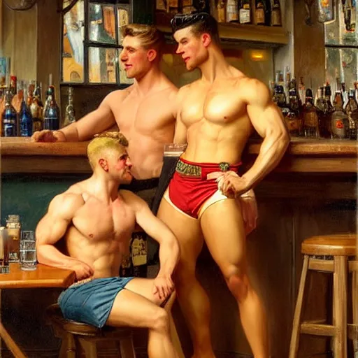 Prompt: attractive muscular male with brunet hair and attractive muscular male with blond hair. pants and shorts, drinking their hearts out, in a pub. very defined and detailed painting by j. c. leyendecker, gaston bussiere, craig mullins 8 k