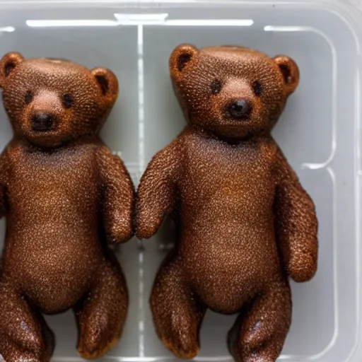 Image similar to macro shor photograph of tiny realistic looking bears inside of a plastic food package