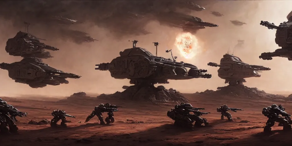 Image similar to hyper realistic sci - fi matte concept art painting of epic cinematic battle between mechwarriors and soldiers fighting on mars, guns, missiles, explosions, beautiful details, strong composition painted by kim jung guweta studio rutkowski, james gurney and greg rutkowski, and lucasfilm, smooth, intricate, detailed, sharp focus, cinematic