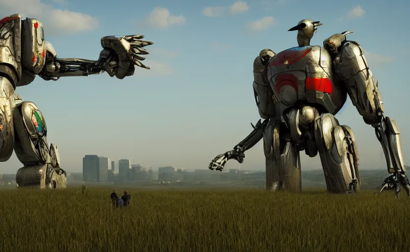 Prompt: giant robot with a bird in its hand, grassy broken world, worn city, sunshine, end of the world, happiness, 8k high detail, artstation, unreal engine 5