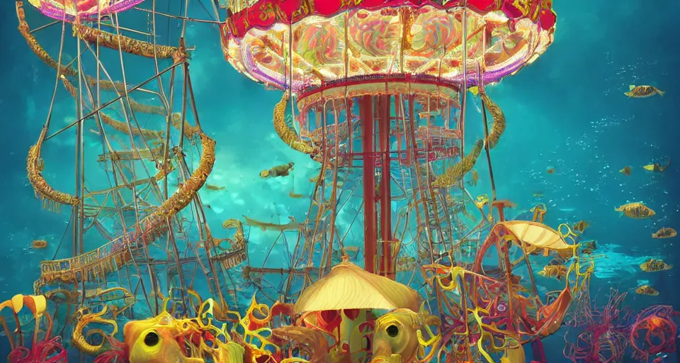 Prompt: underwater carnival, ferris wheel made of jellyfish, seahorse carousel, fish rides, beautiful, artstation, highly detailed,