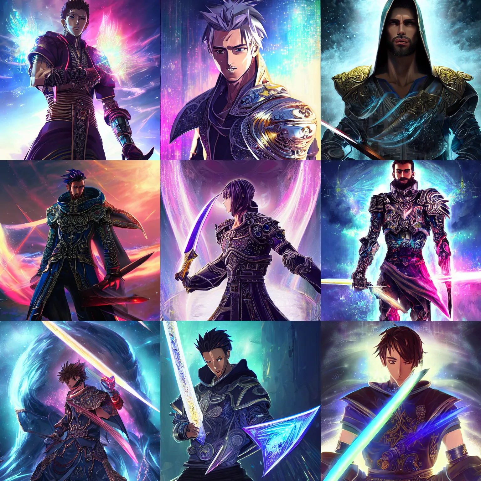 Prompt: gigachad 2. 5 d cgi anime fantasy portrait artwork, hooded intricate cybernetic sorcerer warrior character with high quality glistening beautiful colors, rich moody atmosphere, reflections, specular highlights, omnipotent, realistic detailed background, brandishing iridescent cosmic sword, colourful 3 d crystals and gems, portrait by makoto shinkai and greg rutkowski