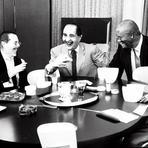 Prompt: black and white photo of world leaders around a table pointing and laughing at a holographic virus