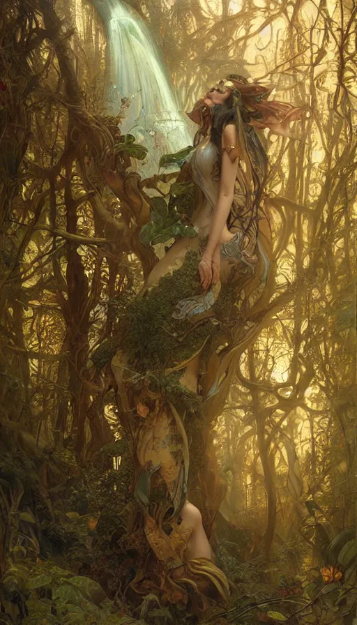 Image similar to spaceship concept art, lush forest, magic, gnarly details, gold, gems, dramatic lighting, denoised, painted by tom bagshaw, alphonse mucha