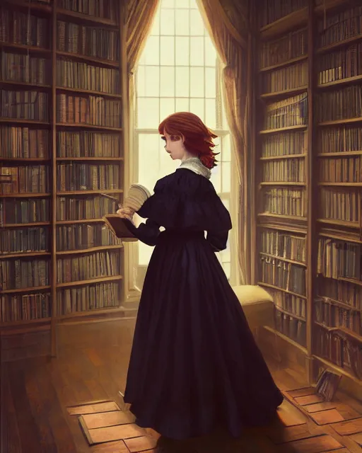 Image similar to a portrait of a victorian maid with long, flowing, auburn hair, standing in a victorian reading room, window, short bookshelf, holding a stack of books, vivid colors, soft lighting, atmospheric, cinematic, moody, in the style of Ilya Kuvshinov and Range Murata, Krenz Cushart, oil on canvas, anime, 8K