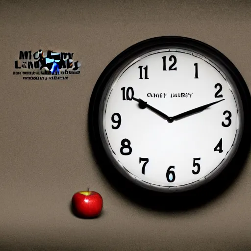 Image similar to hd ultra detailed a clock bearing the inscription 'Nick Lansbury' on it and an apple by tommy ingberg