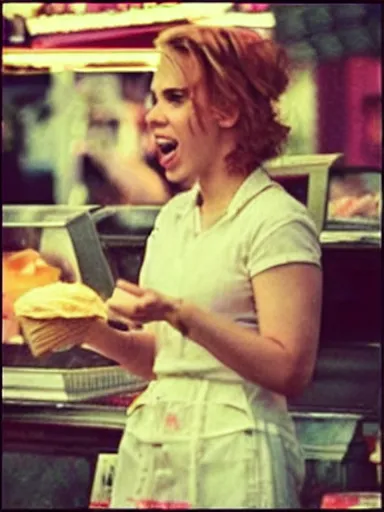 Image similar to “ scarlett johansson is buying ice - cream at the ice - cream booth in the street, movie screenshot, cinematic, epic, dramatic ”