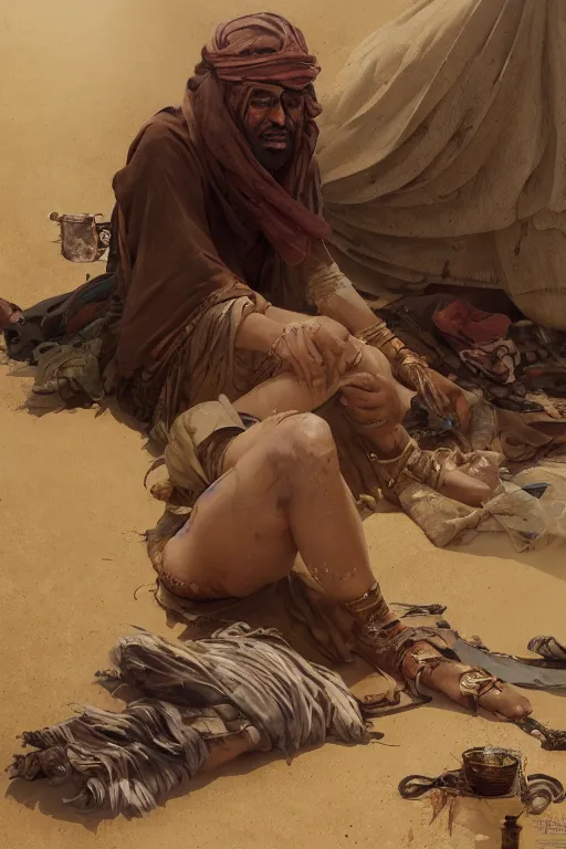 Image similar to a full body portrait of a beautiful post apocalyptic offworld desert bedouin blind barbarian leper laying by the roadside, begging, intricate, elegant, highly detailed, digital painting, artstation, concept art, smooth, sharp focus, illustration, art by krenz cushart and artem demura and alphonse mucha