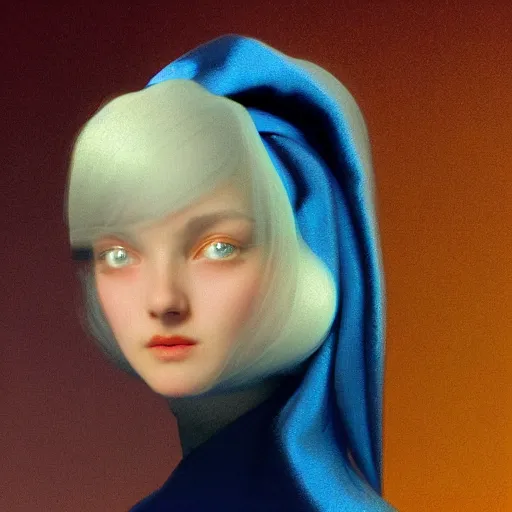 Image similar to a young woman's face, her hair is white and she wears an indigo blue satin cloak, by ivan aivazovsky and syd mead and moebius and gaston bussiere and roger dean and pieter claesz and paul delaroche and aelbert cuyp and willam claesz, hyperrealistic, volumetric light, octane render